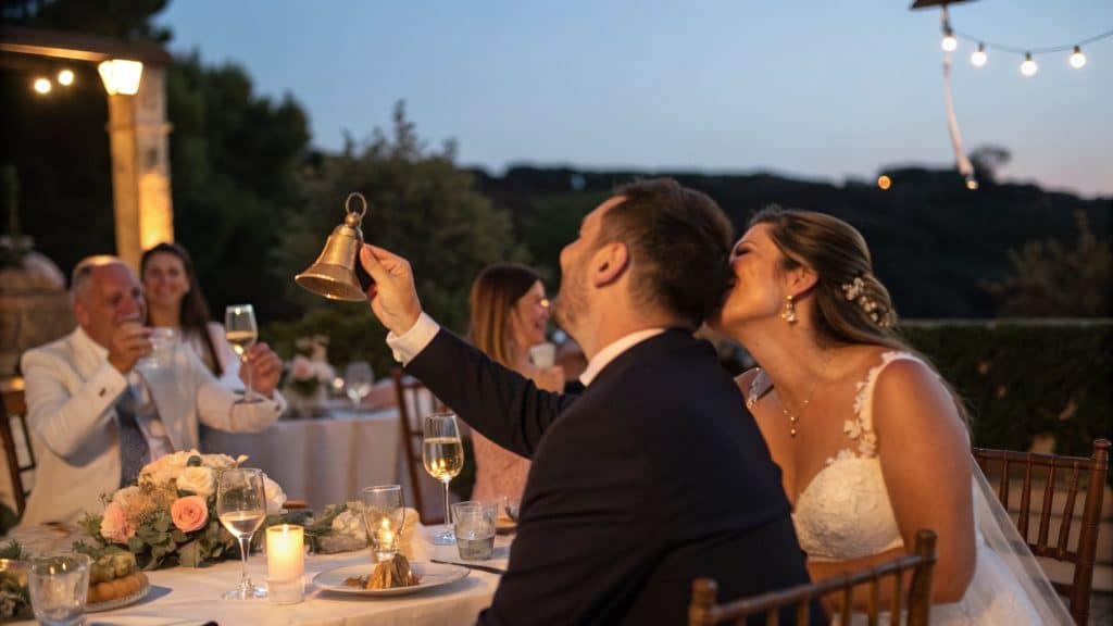 A guest rings a bell for the wedding kissing game while the couple kisses