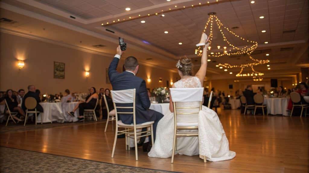 Bride and groom playing the wedding shoe game