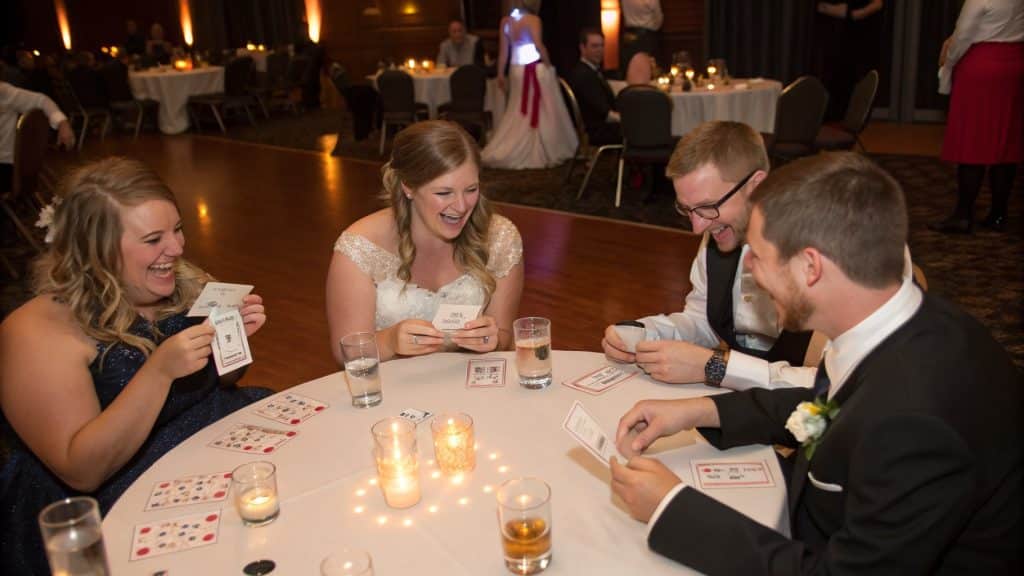 Wedding guests laughing over a trivia card game at their table